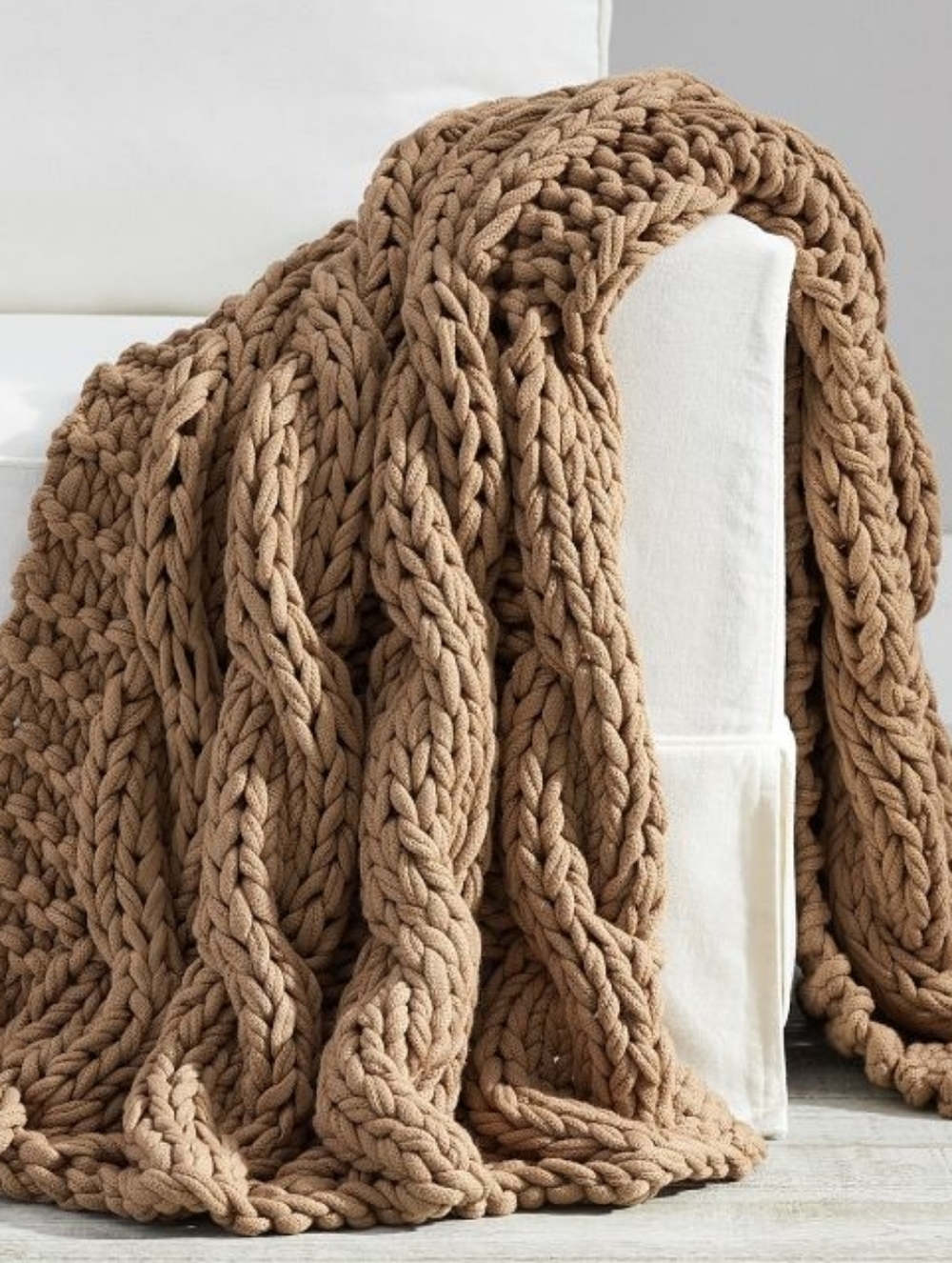 Pottery Barn Colossal Chunky Knit Throw in Camel Brown